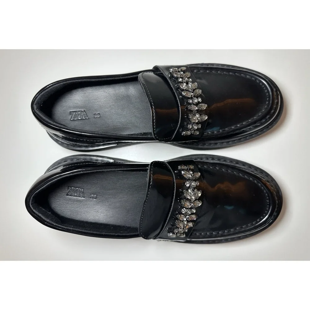 ZARA Women Chunky Black Faux Patent Leather‎ Rhinestone Loafers US 7.5 EU 38 NEW